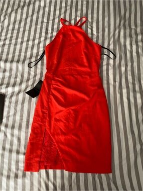 bebe NWT Red Halter Midi Dress with Lace Side Panel